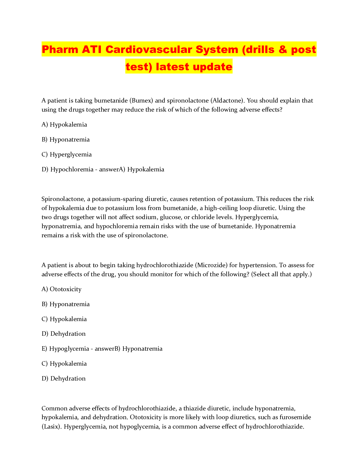 Preview image of Pharm ATI Cardiovascular System (drills & post test) latest update document